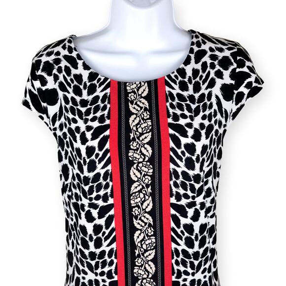 Madison Leigh Black Red Animal Print Jersey Knit Shift Dress 12 - Picture 2 of 5